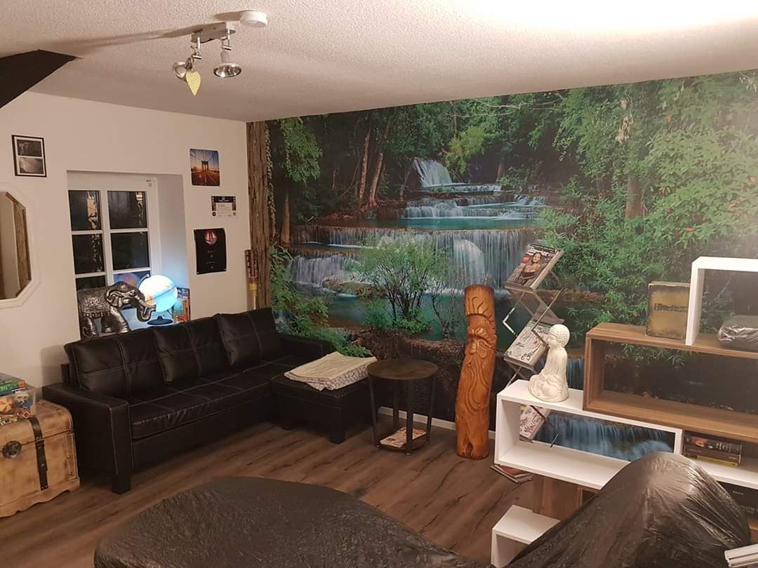 a living room with a couch, television and a waterfall mural