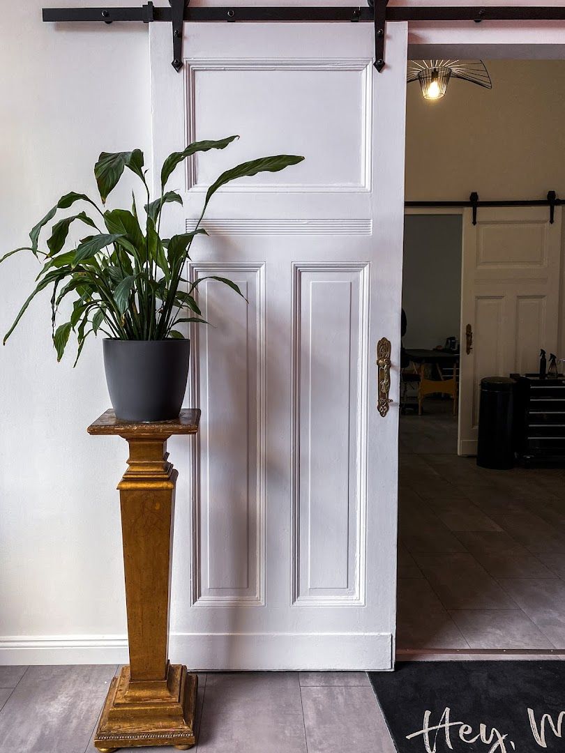 a pot of plants sits on a wooden floor next to a white door