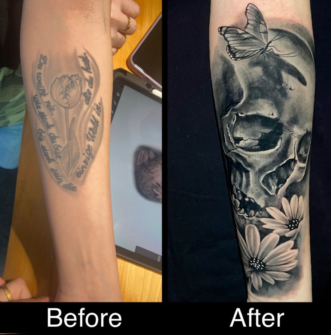 a cover-up tattoo before and after being a tattoo, rhein-erft district, germany