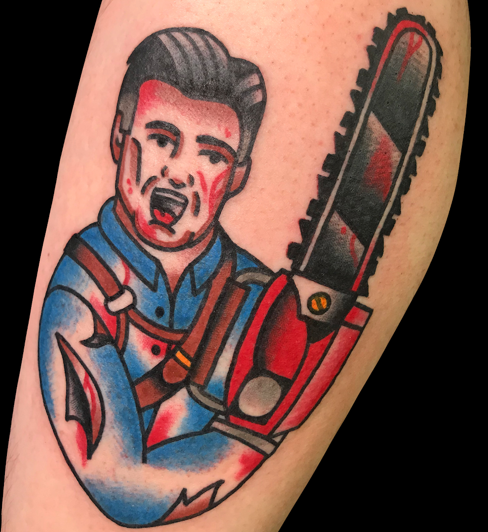 a narben tattoo of a man holding a chainsaw, dresden, germany