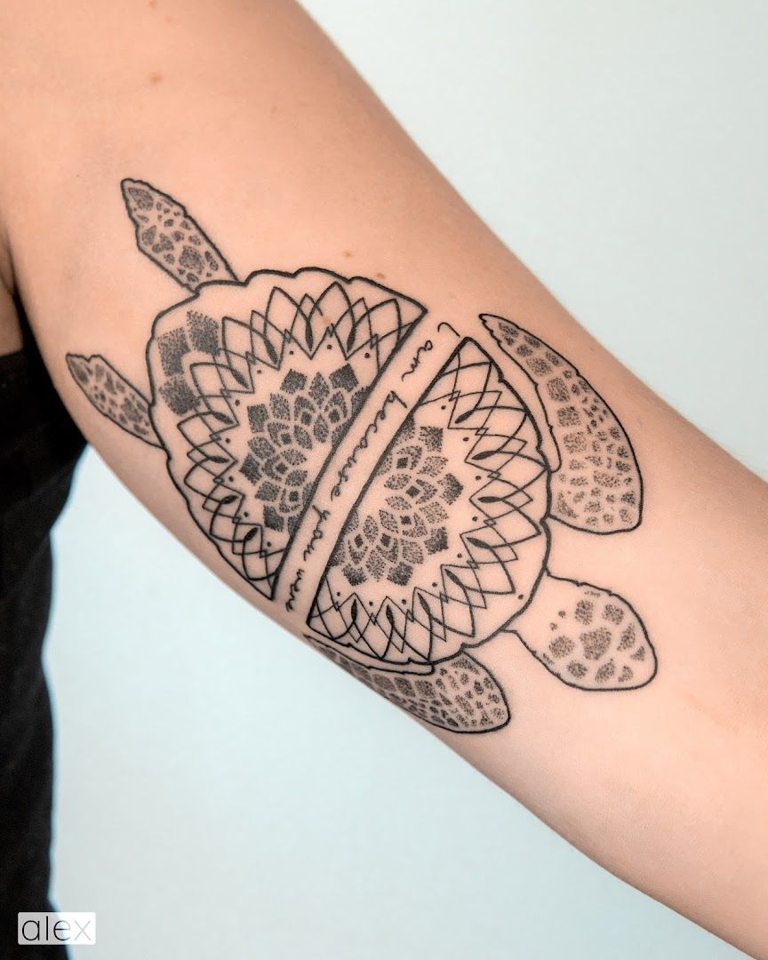 a cover-up tattoo of a turtle with a flower on its back, ahrweiler, germany