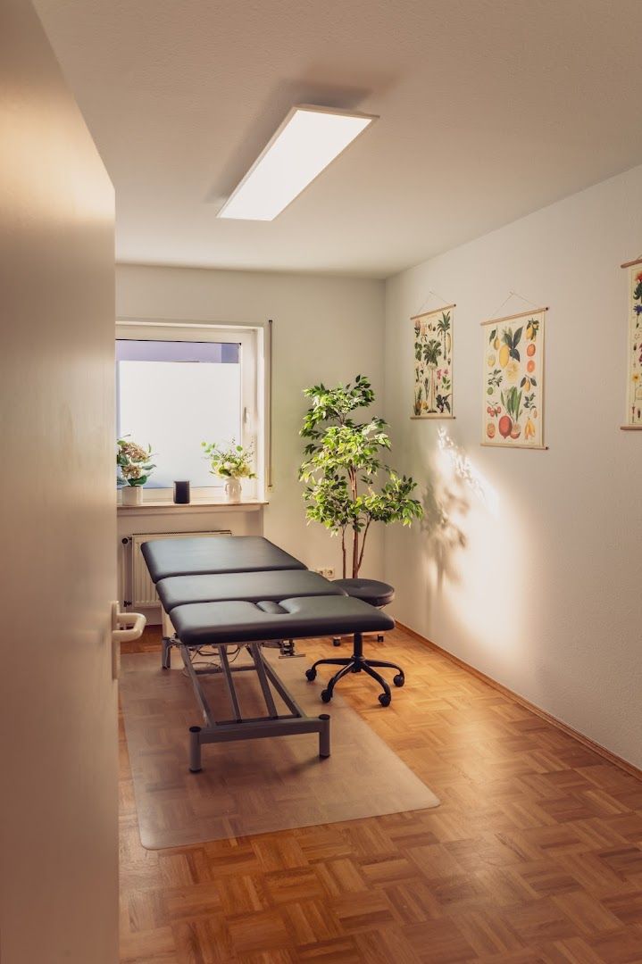 a room with a table and a plant