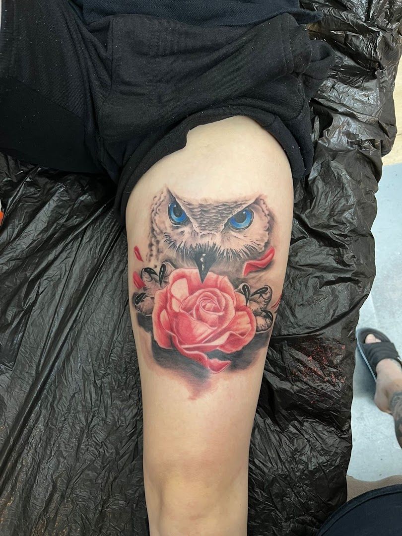 a narben tattoo of an owl and a rose, rems-murr, germany