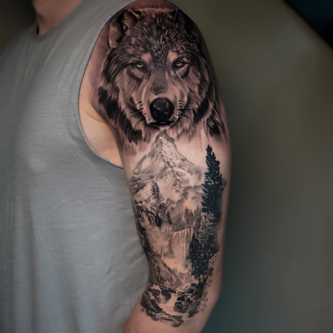 a wolf cover-up tattoo on the arm, hamburg, germany