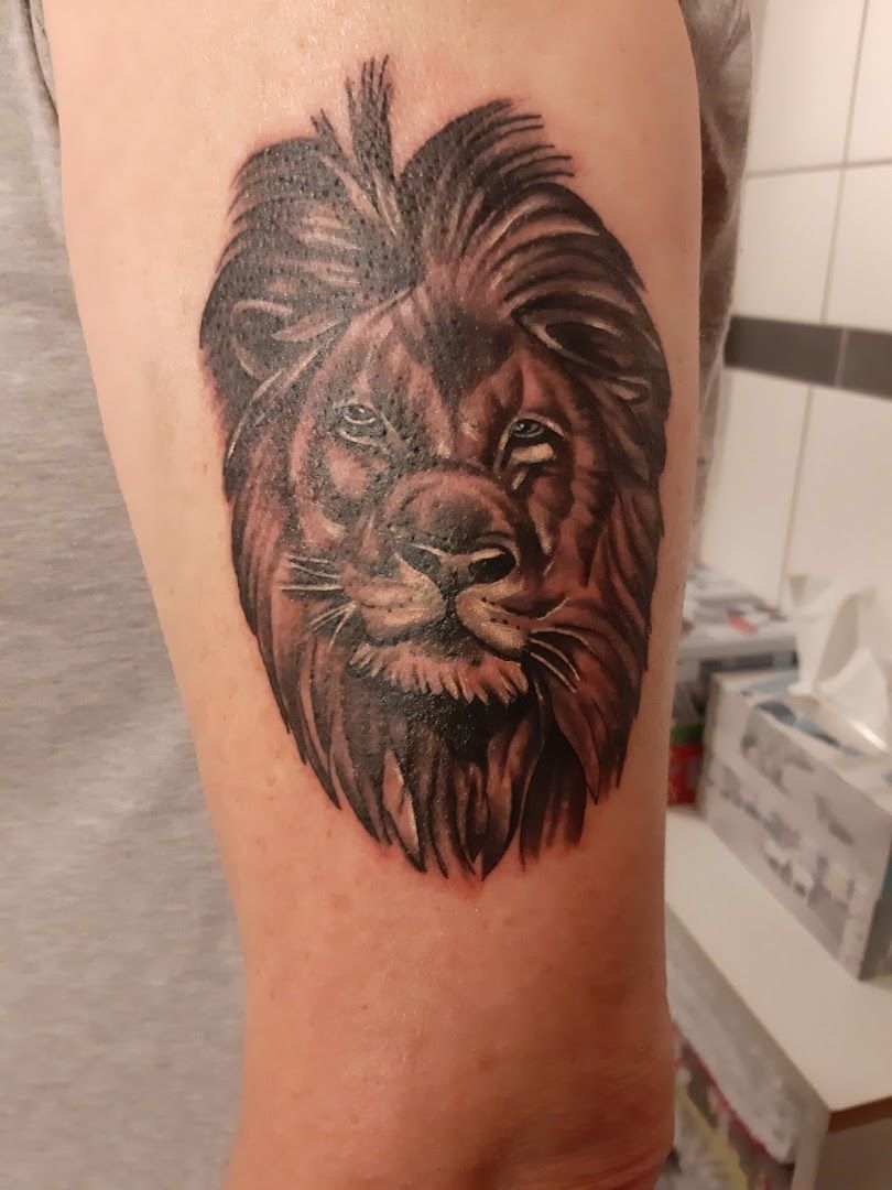 a narben tattoo of a lion on the arm, lippe, germany