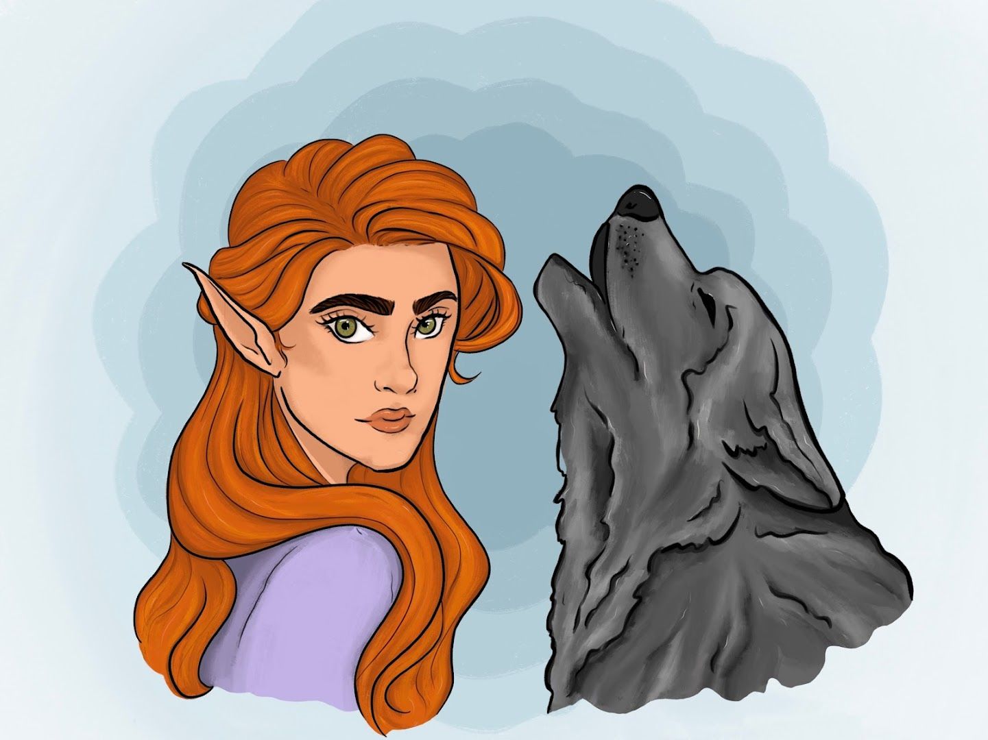 a drawing of a woman and a wolf