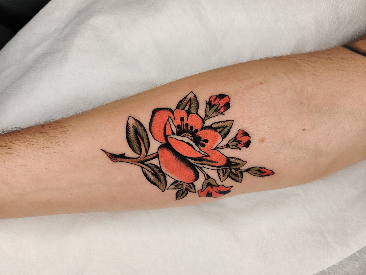 a narben tattoo of a red flower on the forearm, berlin, germany