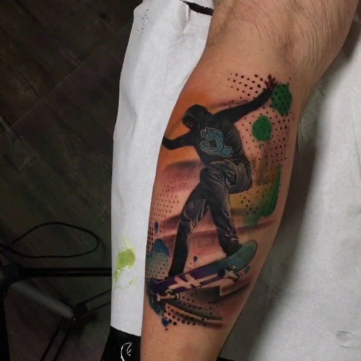 a cover-up tattoo of a skateboarder on the forearm, nürnberg, germany