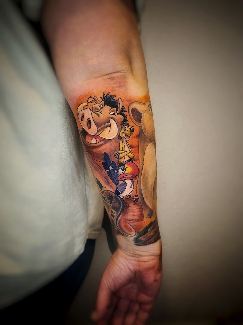 a cover-up tattoo of a man with a dog on his arm, kreisfreie stadt braunschweig, germany