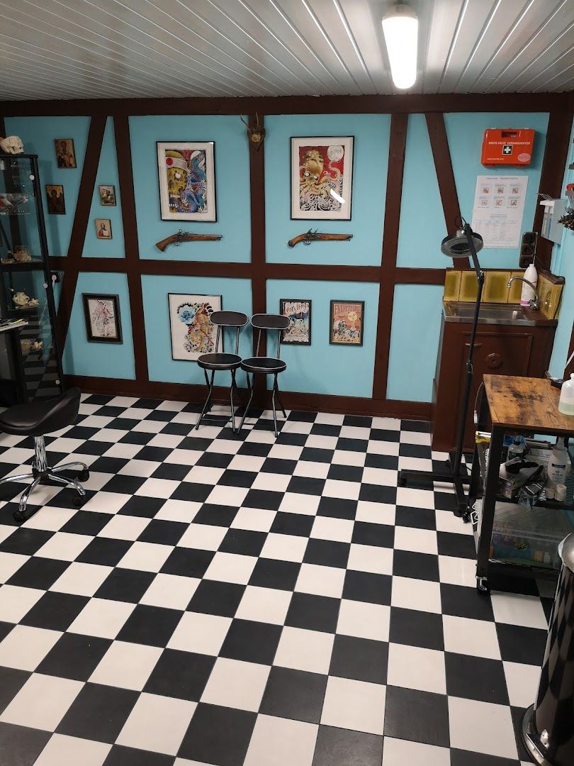 a room with black and white checkered flooring