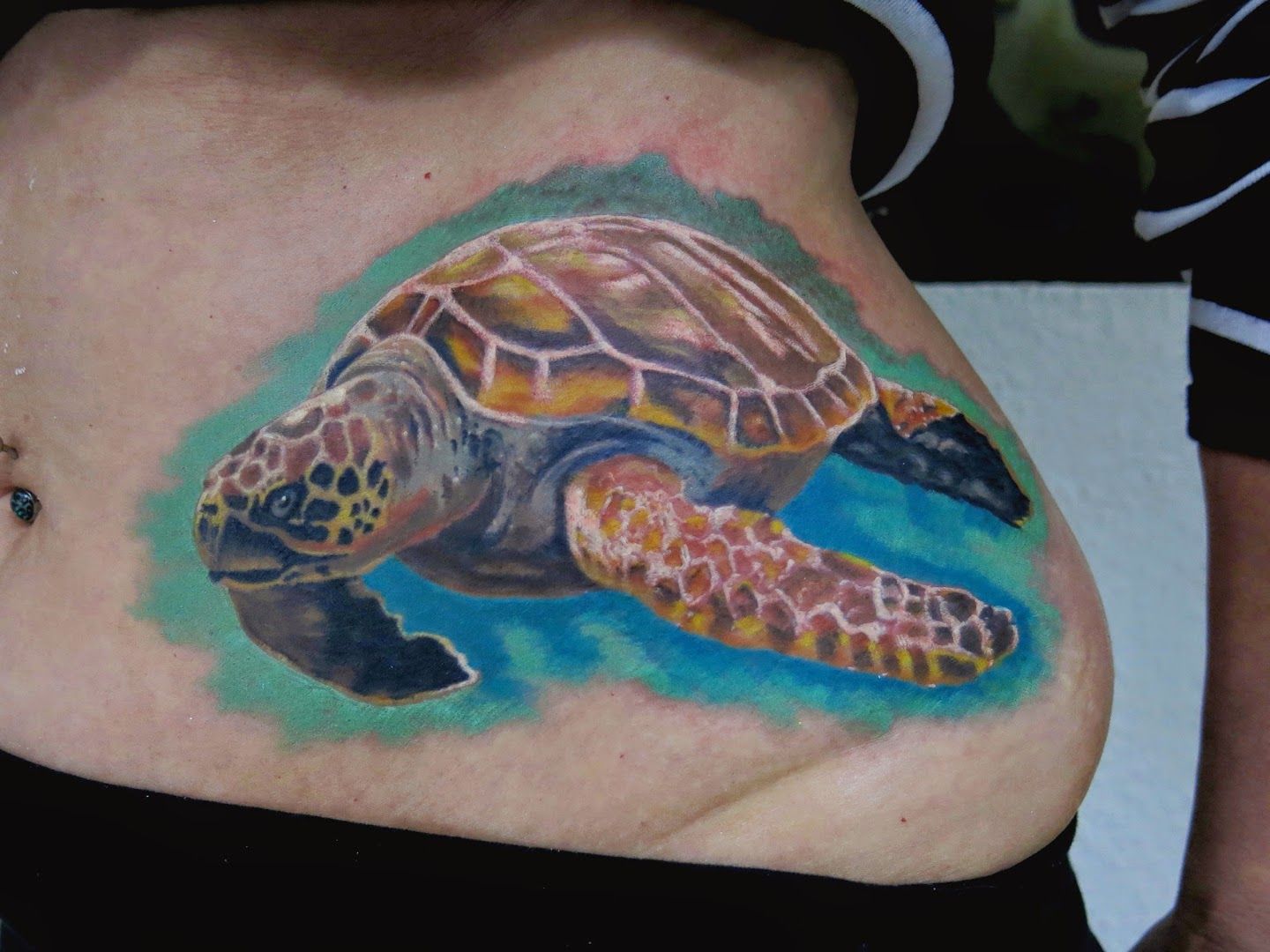 a woman with a turtle narben tattoo on her stomach, wesel, germany