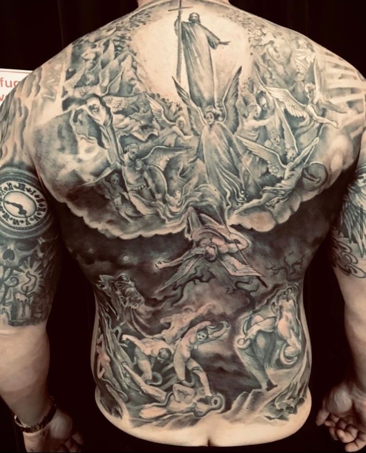a man with a full back cover-up tattoo, kreisfreie stadt darmstadt, germany