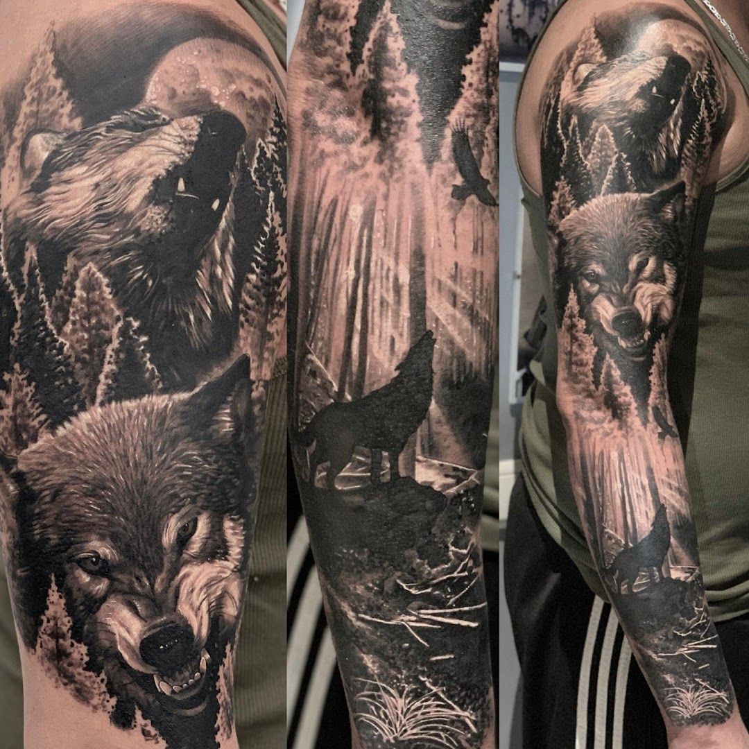 a man with a wolf cover-up tattoo on his arm, darmstadt-dieburg, germany