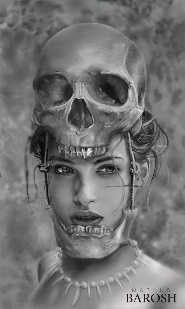 a woman with a skull on her head