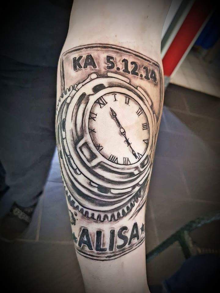 a cover-up tattoo with a clock on it, rastatt, germany