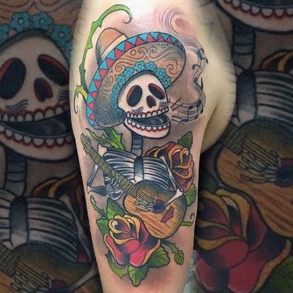 a narben tattoo of a skeleton playing guitar, bodenseekreis, germany