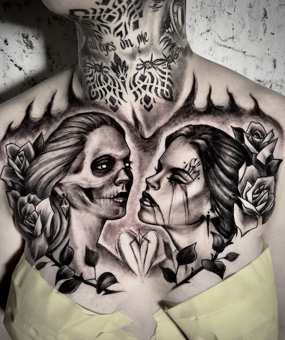 a woman with a cover-up tattoo on her chest, frankfurt, germany