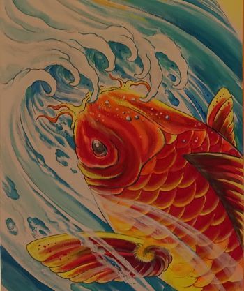 a painting of a goldfish in the water