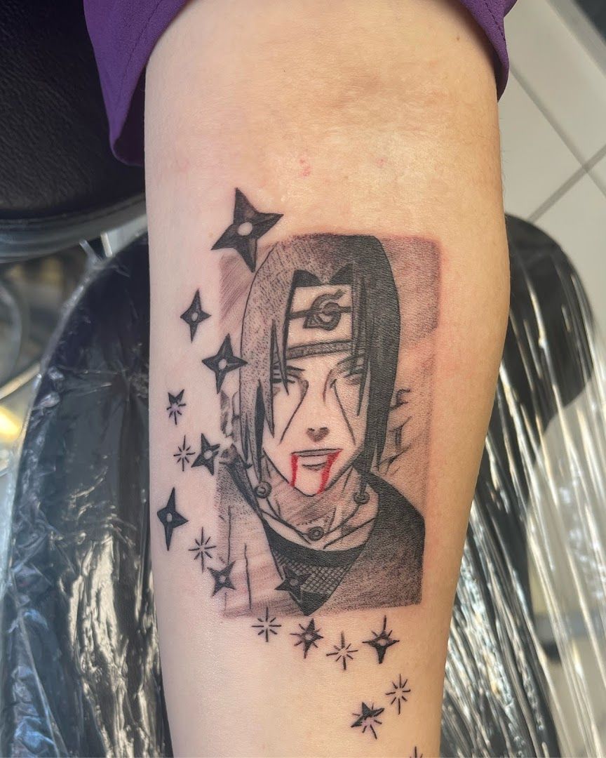 a narben tattoo of a woman with a red lipstick on her face, oberbergischer, germany