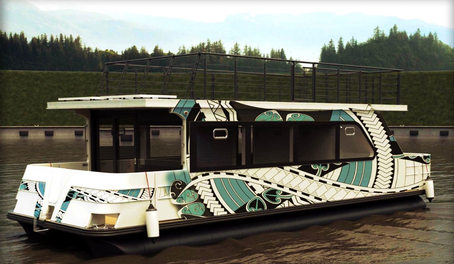 a houseboat is painted with a design