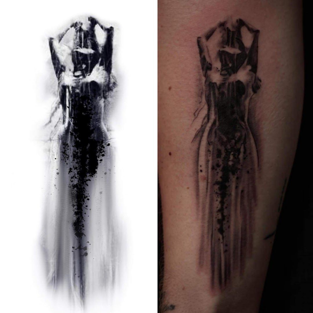 a black and white cover-up tattoo of a woman in a dress, rhein-neckar-kreis, germany