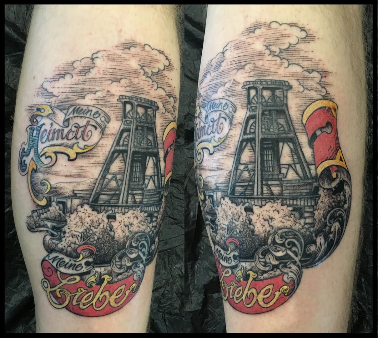 a couple of cover-up tattoos with a ship and a flag, kreisfreie stadt bottrop, germany