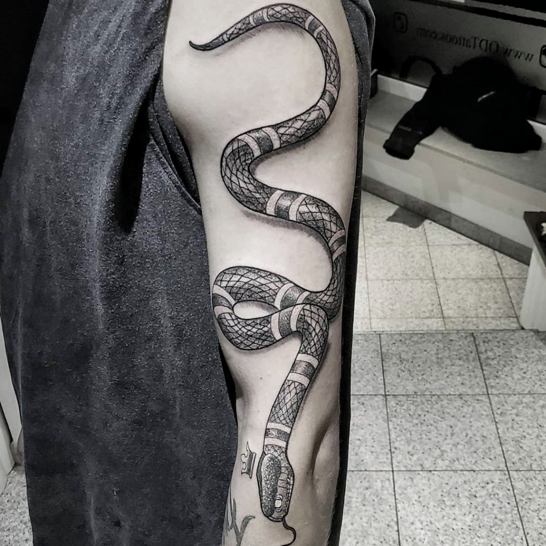 a black and white snake narben tattoo on the arm, frankfurt, germany