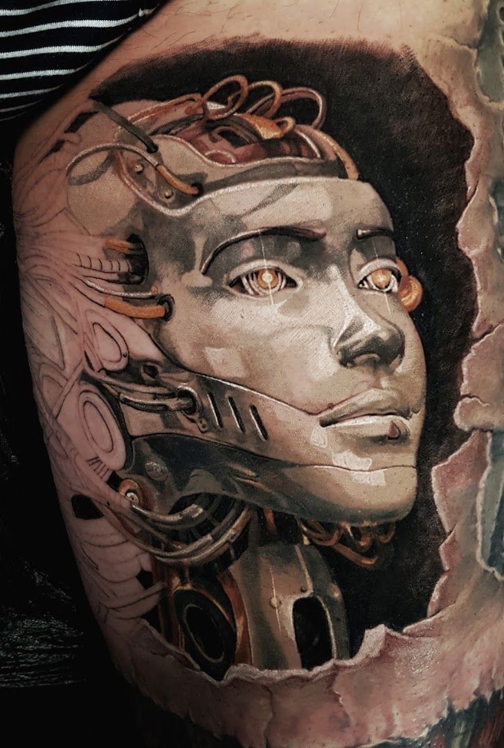 a cover-up tattoo of a woman with a face and a clock, bielefeld, germany