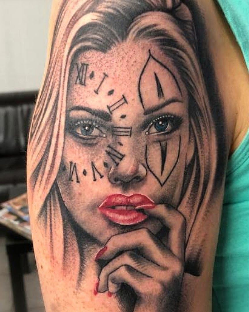 a woman with a face cover-up tattoo on her arm, chemnitz, germany