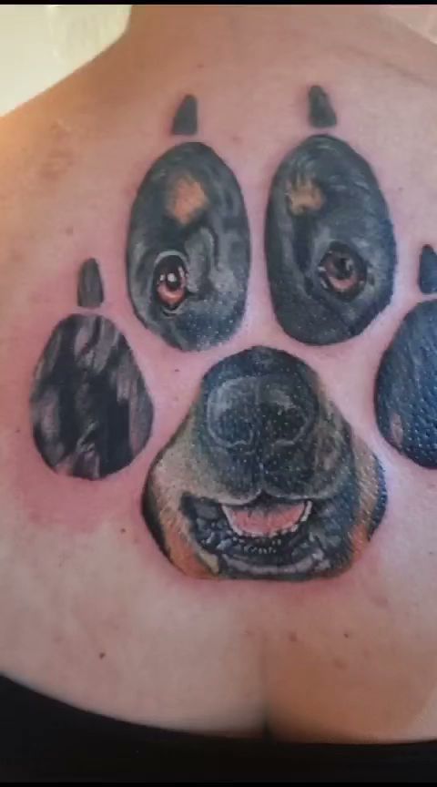 a dog's paw cover-up tattoo on the back of a woman's shoulder, berlin, germany