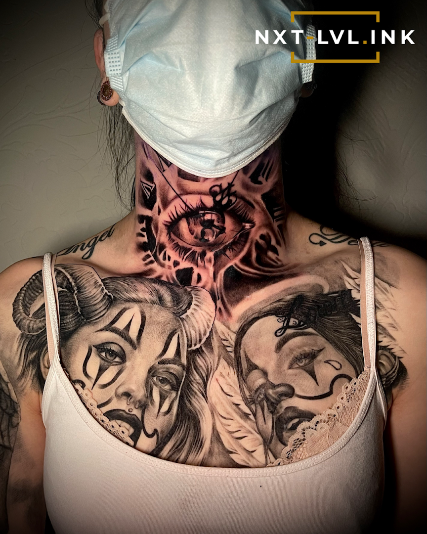 a woman with a cover-up tattoo on her neck, frankfurt, germany