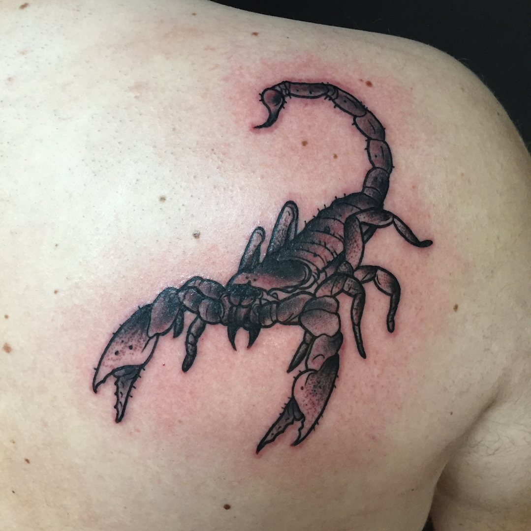 a man with a scorpion narben tattoo on his shoulder, dresden, germany