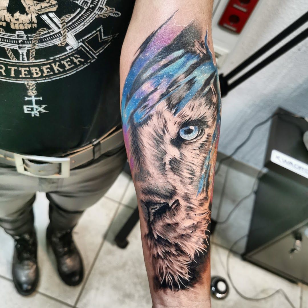 a cover-up tattoo of a wolf with a galaxy background, bergstraße, germany