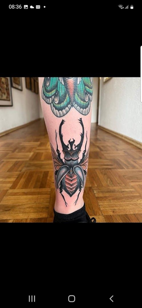 a narben tattoo on the leg of a man with a dragon on it, paderborn, germany