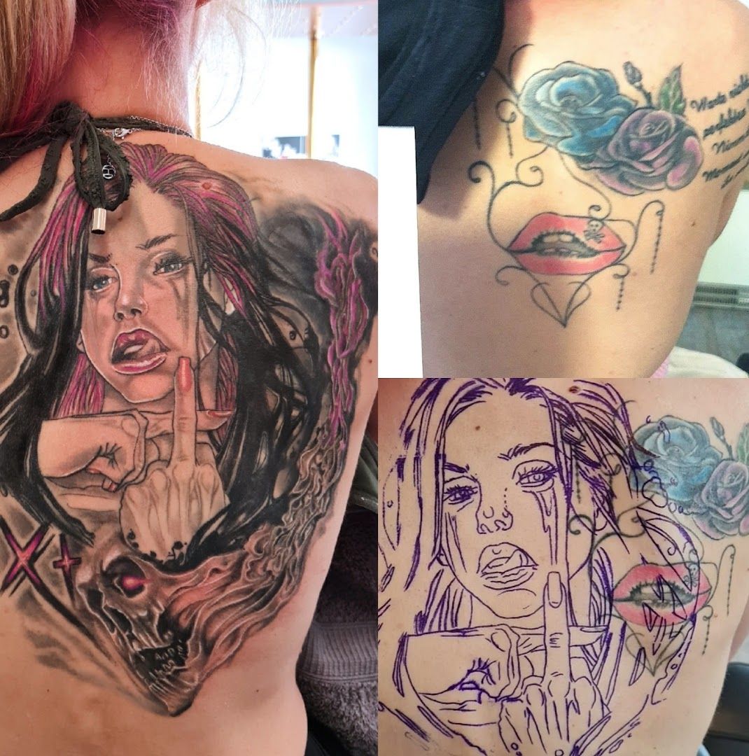 a woman's back with cover-up tattoos on her back, havelland, germany