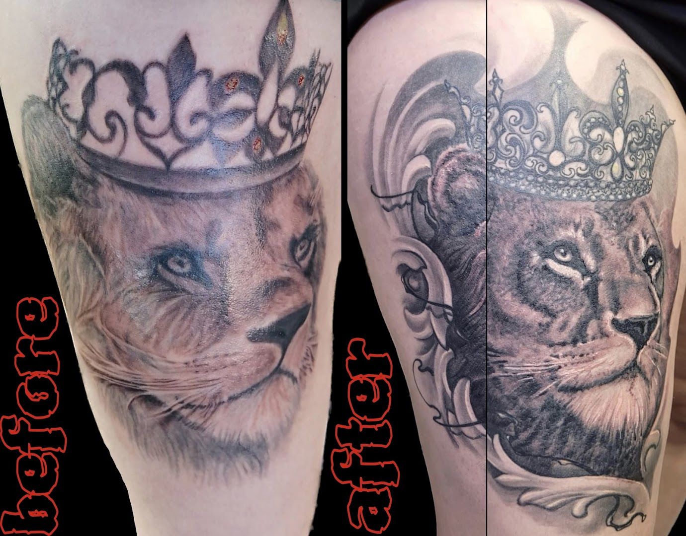 a cover-up tattoo of a lion and a crown, chemnitz, germany