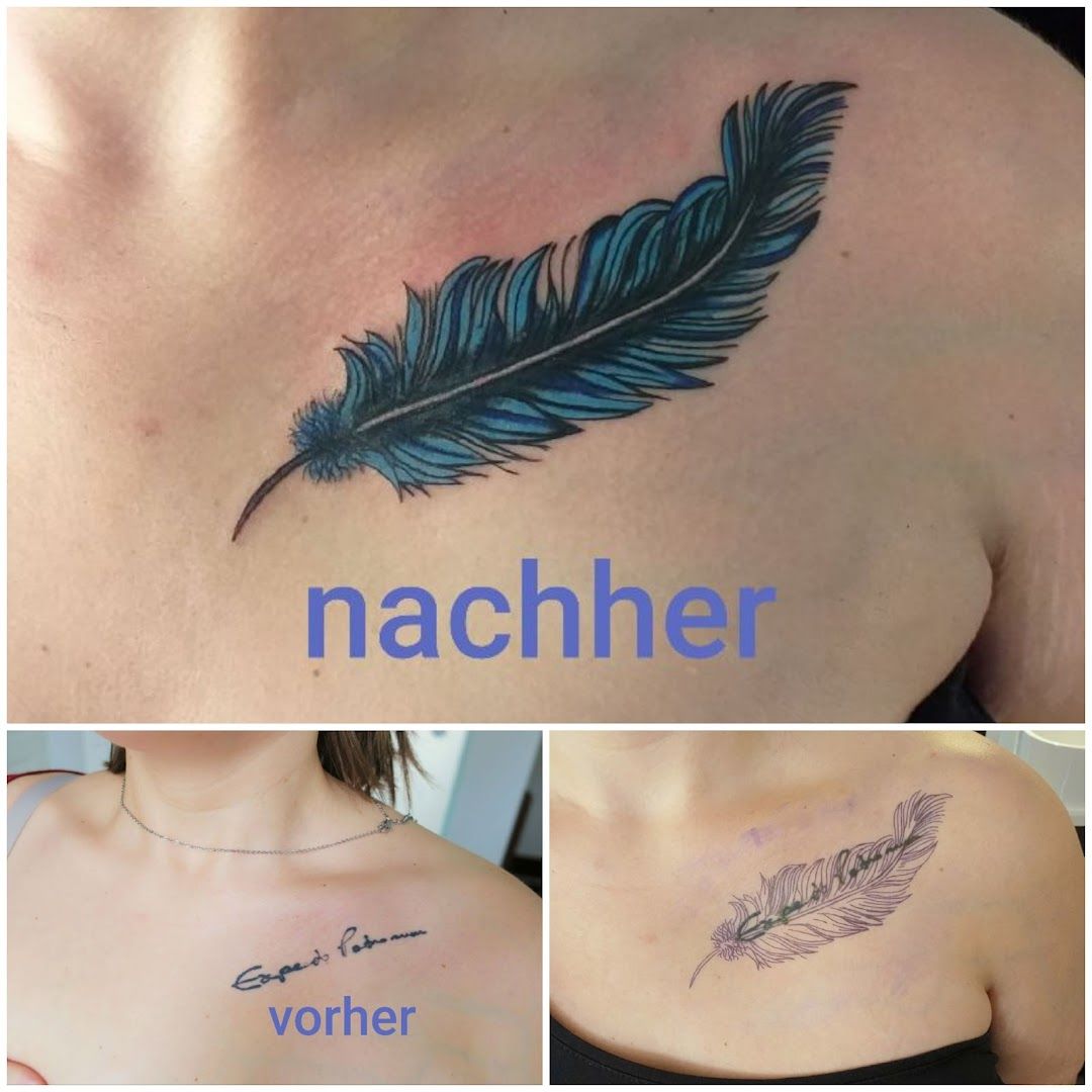 a woman's chest with a narben tattoo of a feather and the words'name ', rastatt, germany