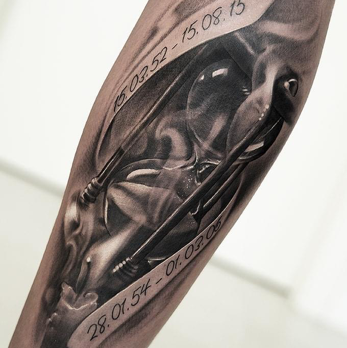 a cover-up tattoo with a clock on it, munich, germany