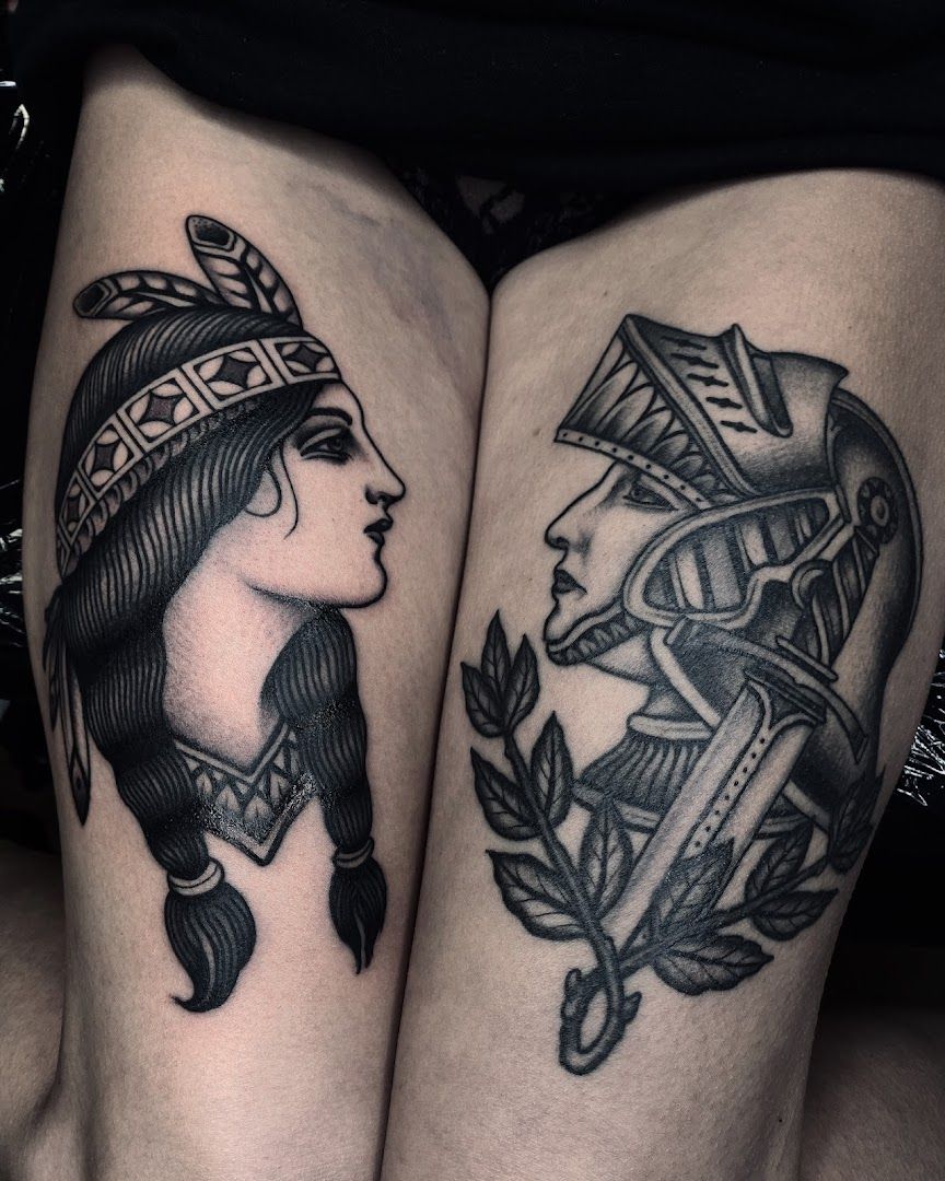 two realistic tattooss on the legs of a woman, marburg-biedenkopf, germany