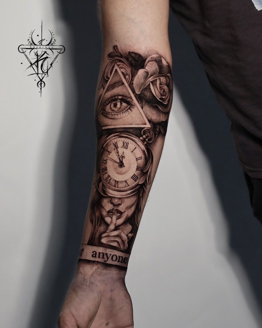 a man with a clock cover-up tattoo on his arm, rhein-erft district, germany