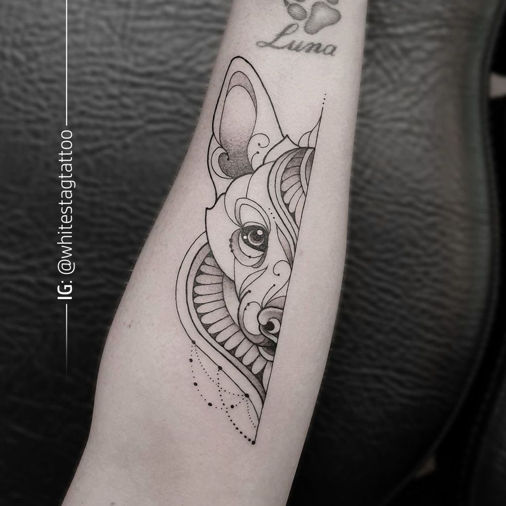 a cover-up tattoo of a dog with a heart on its head, vogelsbergkreis, germany