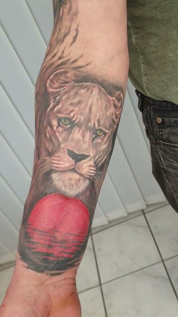 a lion narben tattoo on the arm, bielefeld, germany