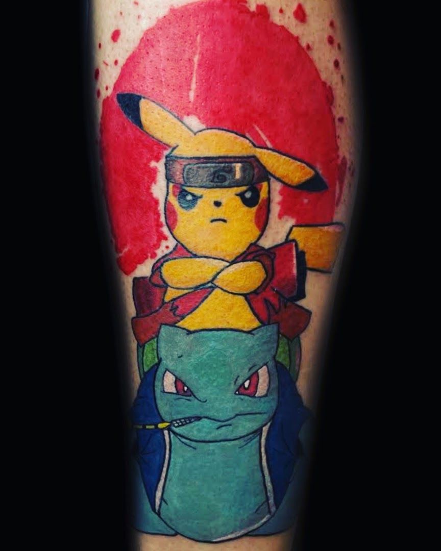 a japanische tattoos in leipzig of a pokemon with a hat and a red background, biberach, germany