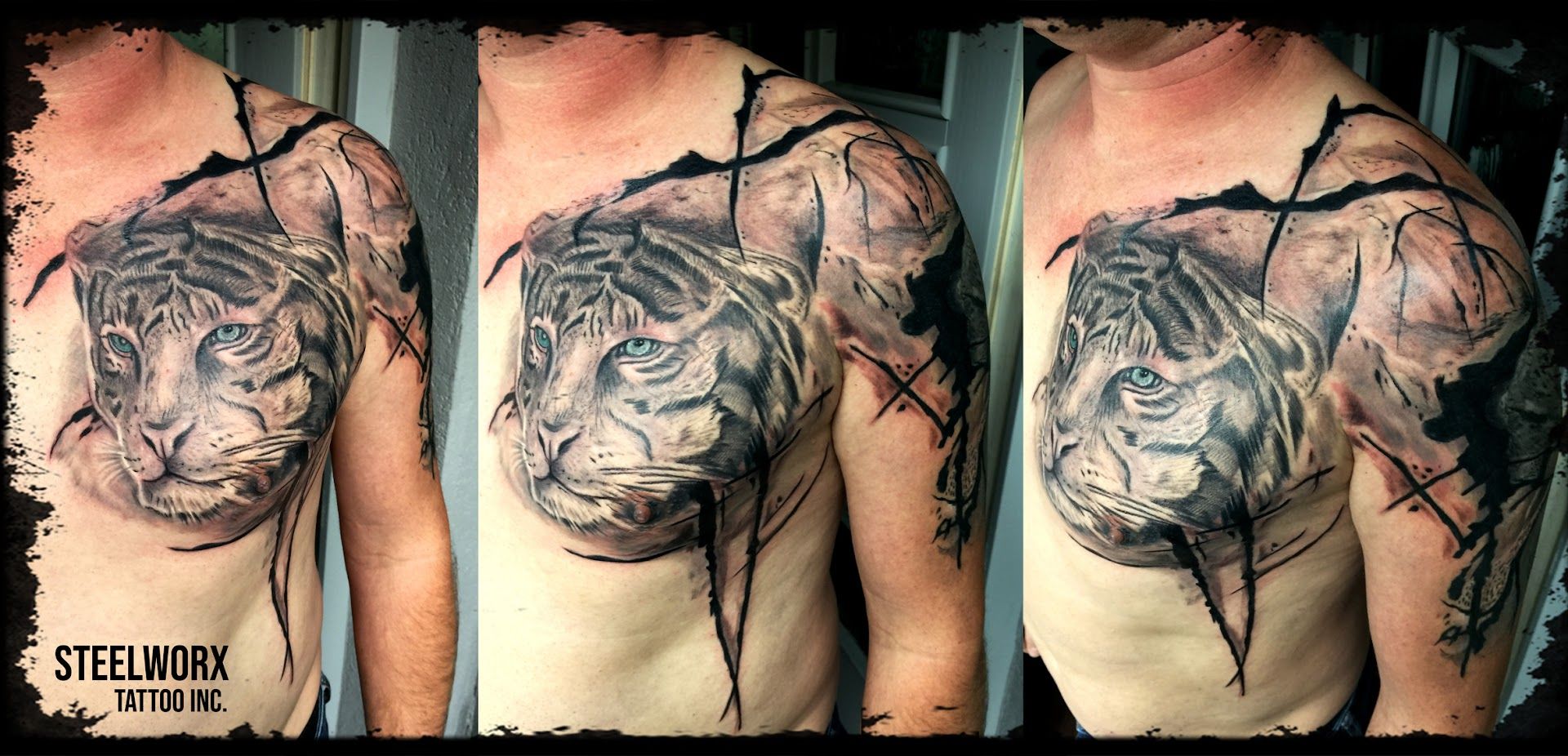 a cover-up tattoo of a tiger on the shoulder, schweinfurt, germany