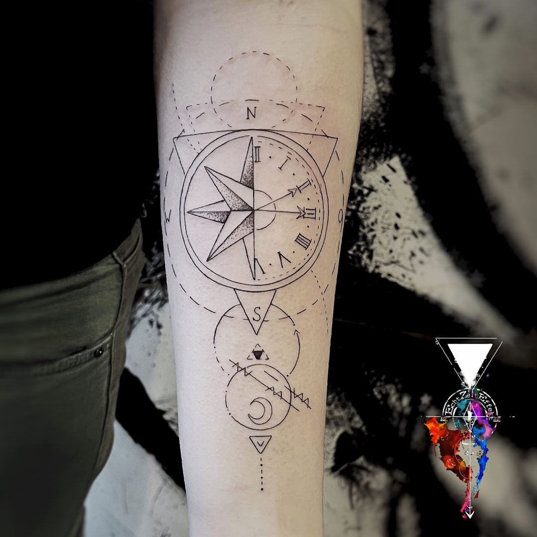 a cover-up tattoo with a compass and other symbols, berlin, germany