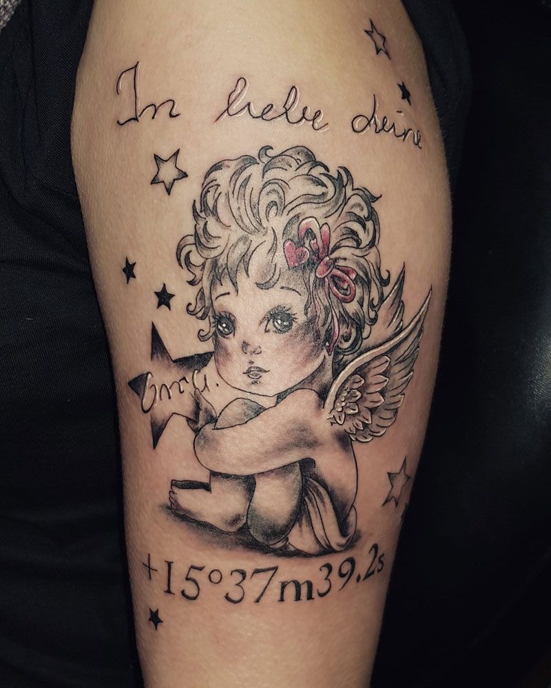 a cover-up tattoo with an angel and stars on it, berlin, germany