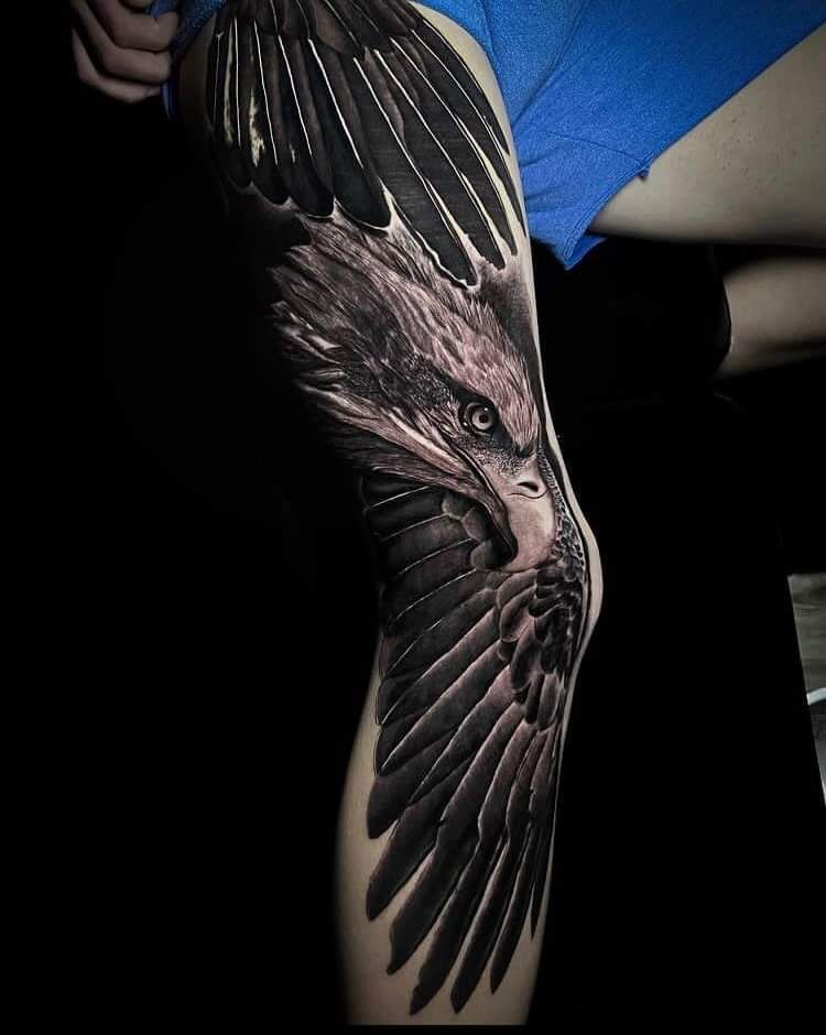 a cover-up tattoo of an eagle on the back, gotha, germany