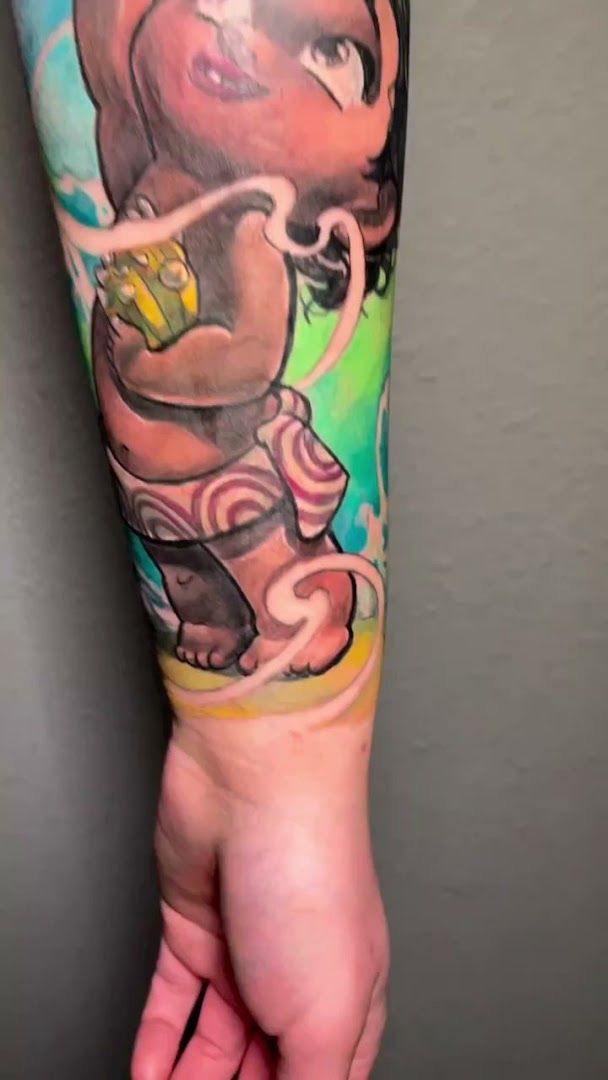 a cover-up tattoo of a cartoon character with a green background, chemnitz, germany