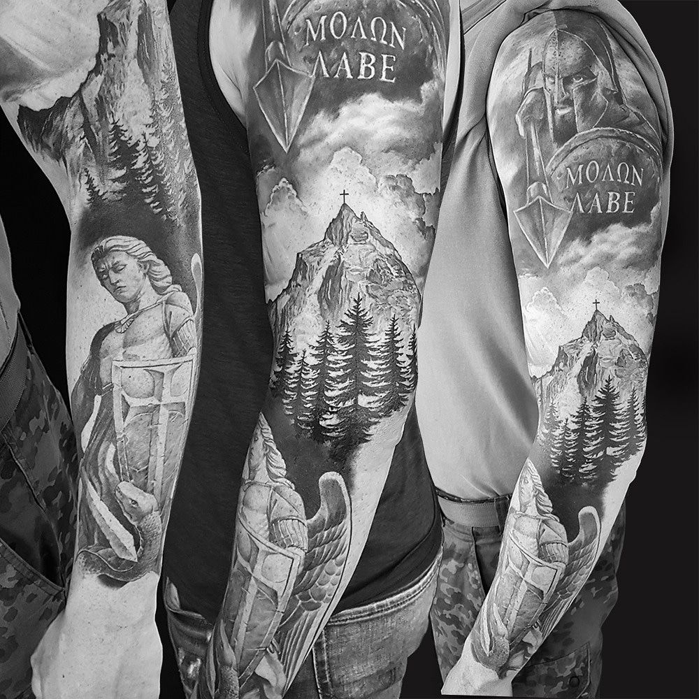 a man with a full sleeve cover-up tattoo, paderborn, germany