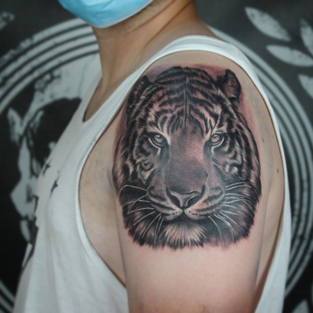 a tiger japanische tattoos in leipzig on the shoulder, main-spessart, germany